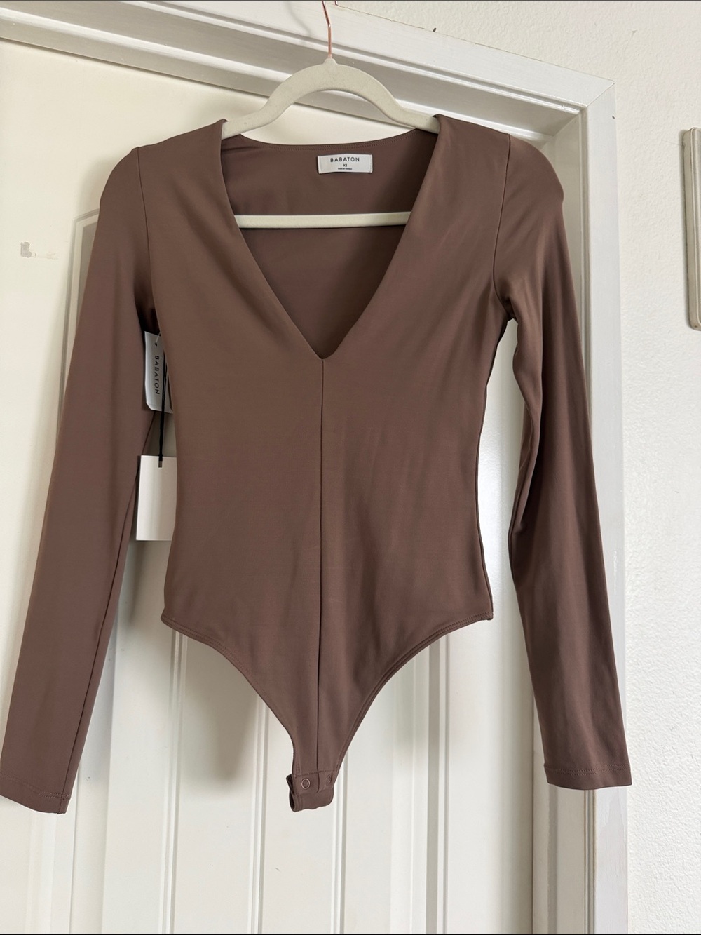 Babaton womens Long-Sleeve V-Neck bodysuit in beautiful taupe